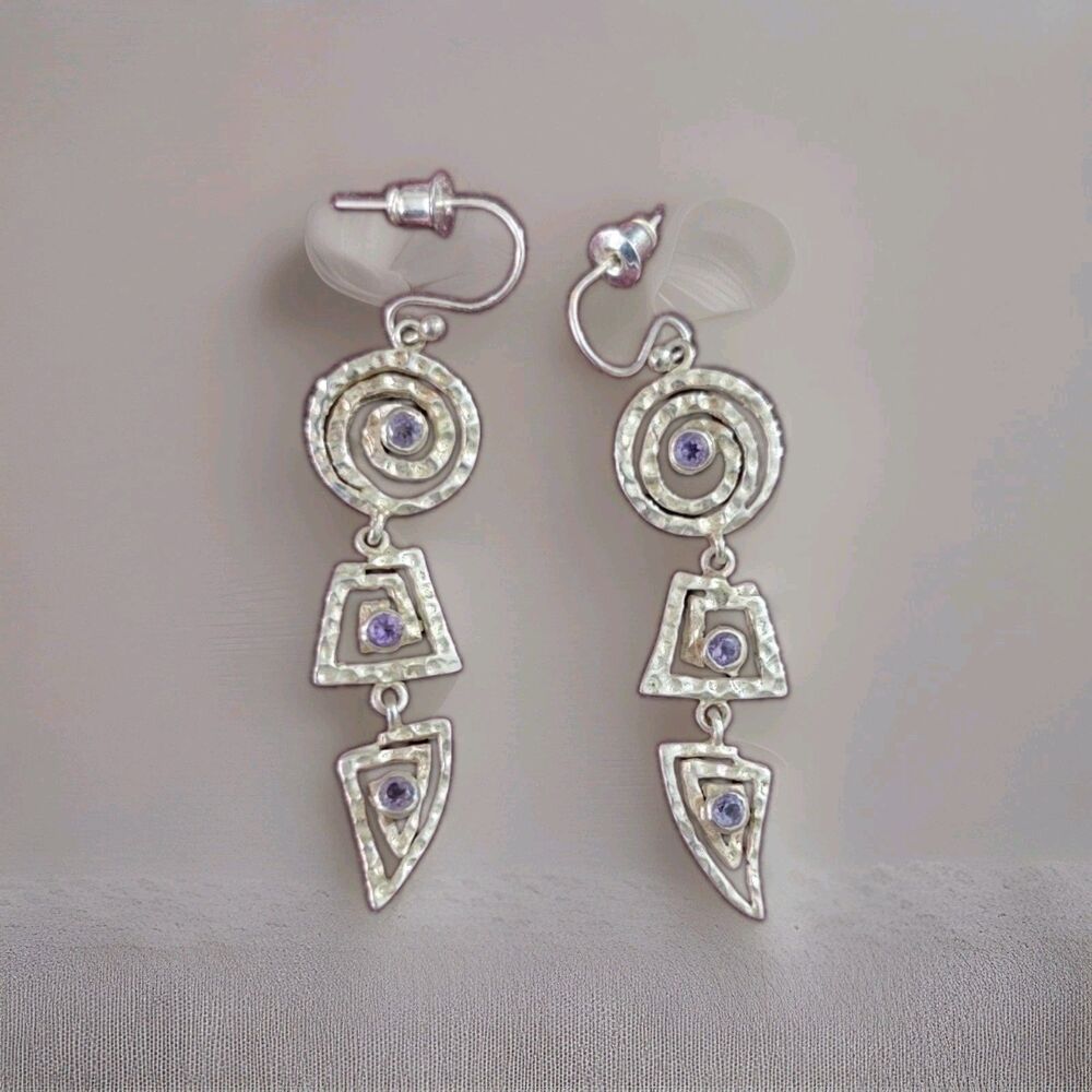 Hammered Silver Geometric Drop Earrings Purple Stones Spiral Triangle Dangle